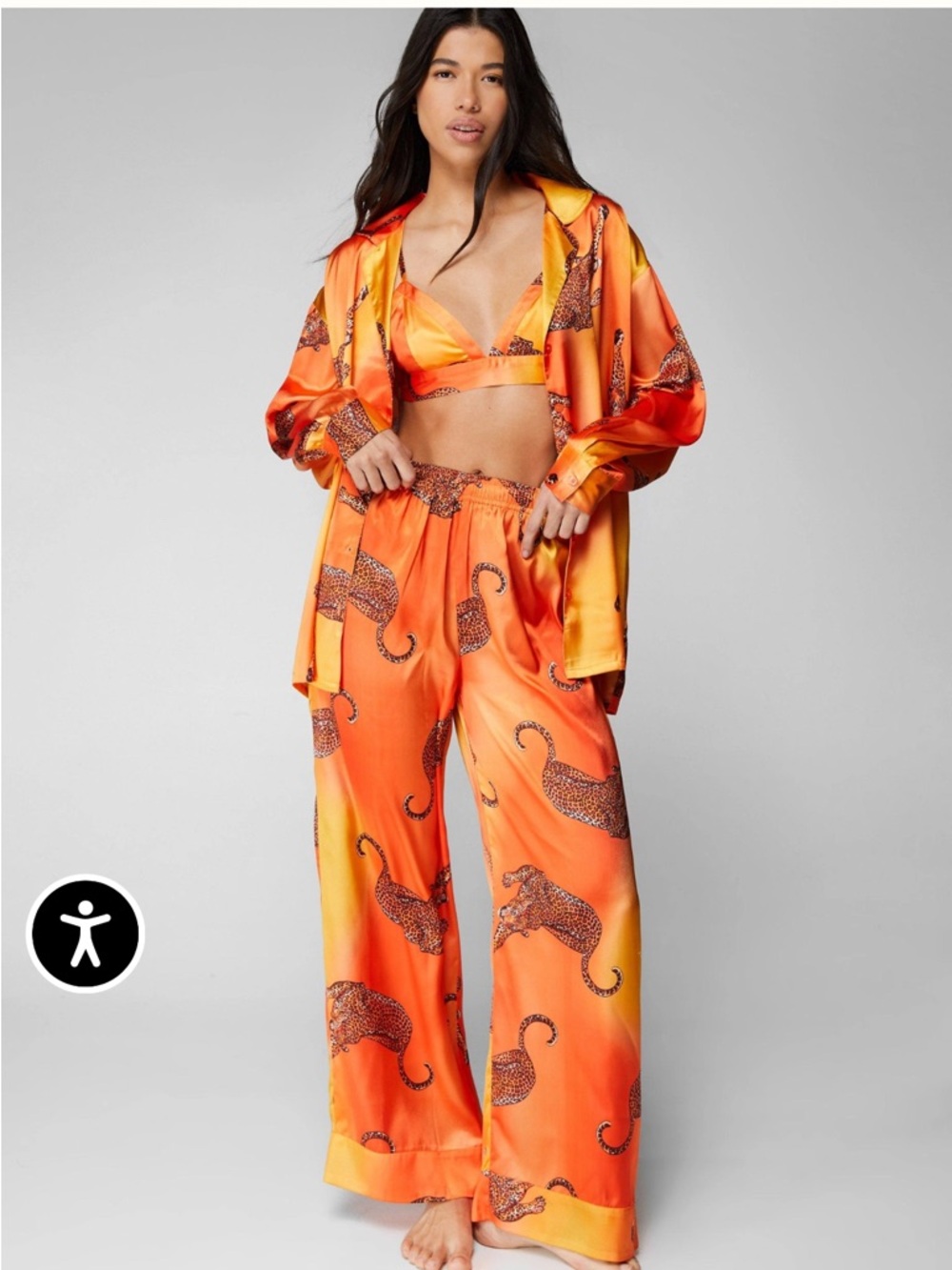 Vibrant Orange Satin Leopard Print Pajama Set